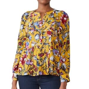 J Crew 100% Silk Golden Floral Pleated Blouse S